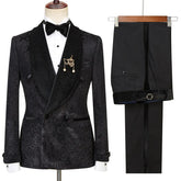 Black Jacquard Double Breasted Wedding Suit with Velvet Shawl Lapel